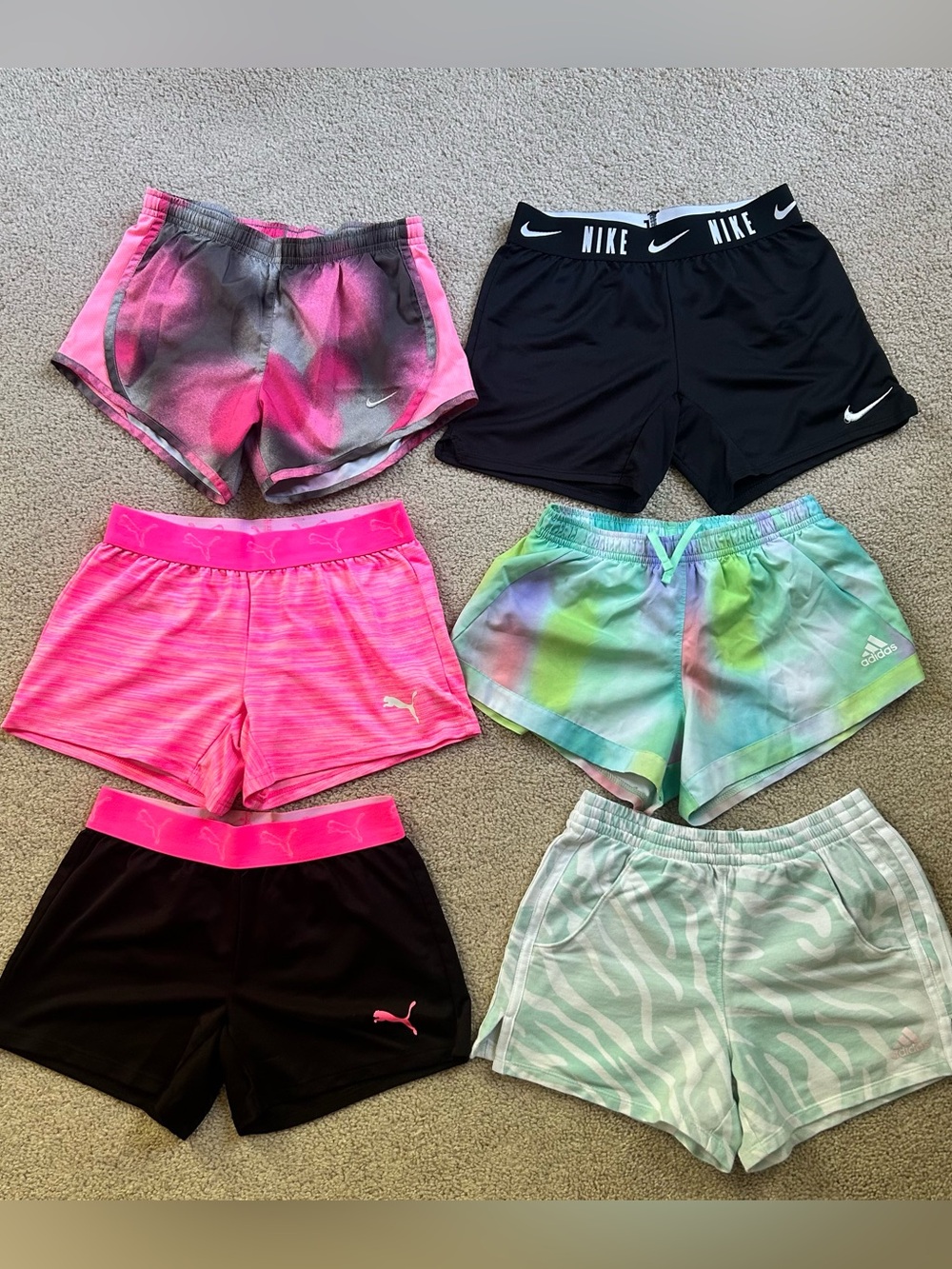 6 pairs Size 7/8 youth girls shorts Nike adidas puma pink black tie dye